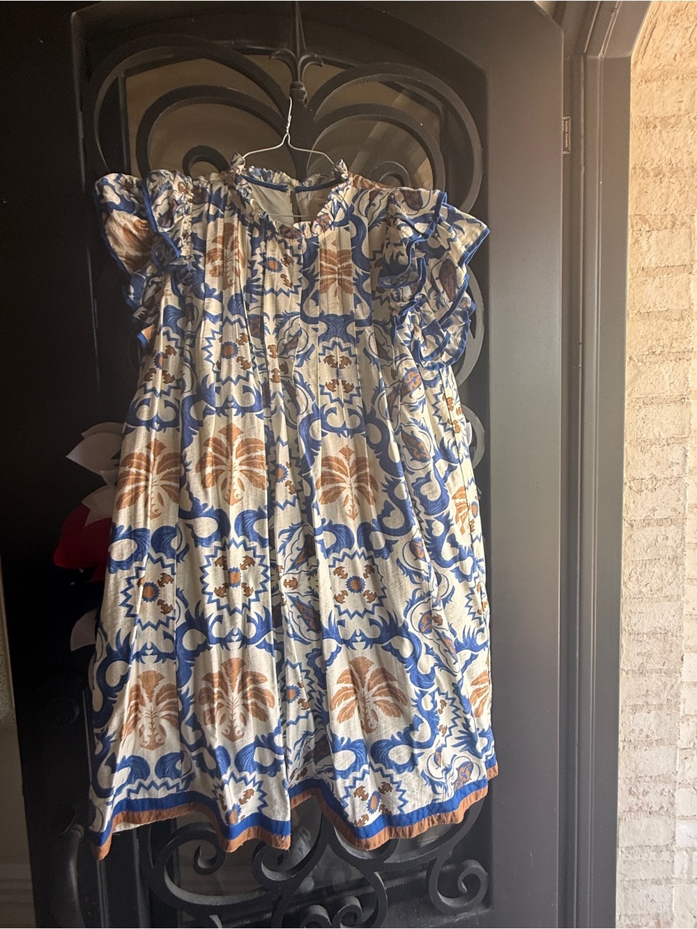 Umgee Blue  & Cream Floral Boho Ruffle Sleeve Dress